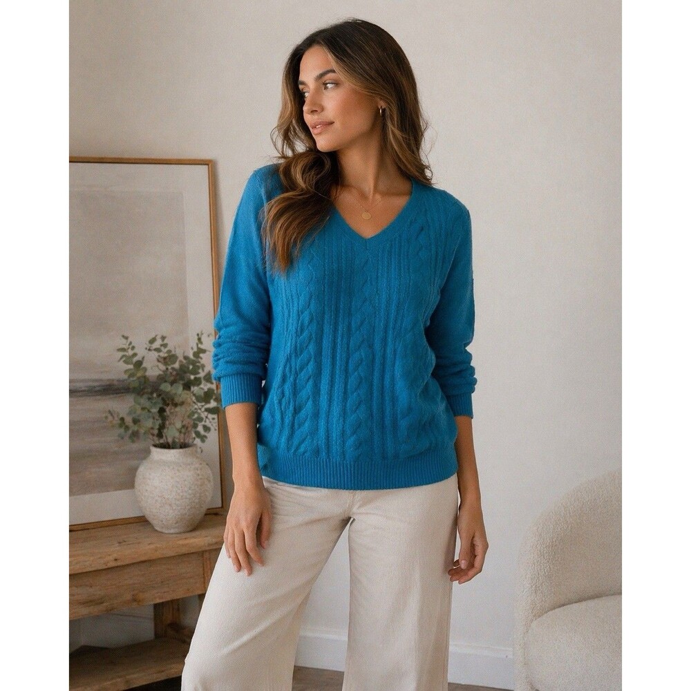 Talbots Mixed Cableknit Sweater Women’s Medium Blue 100% Cotton Preppy Cozy